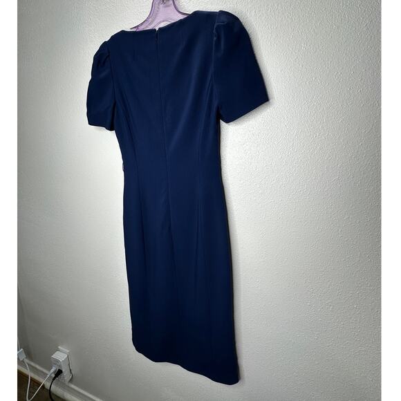Michael Kors Navy Blue V-Neck Cap Sleeve Front Slilt Fitted Midi Dress 2 - Picture 7 of 14